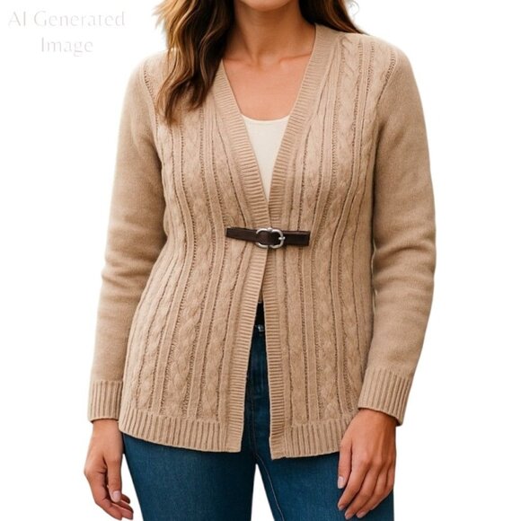 Soft Surroundings Womens Wren Cable Cardigan Buckle Closure Tan Size L - Picture 1 of 9